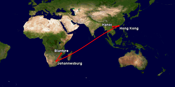 Bay từ Hà Nội đến Blantyre qua Hong Kong, Johannesburg