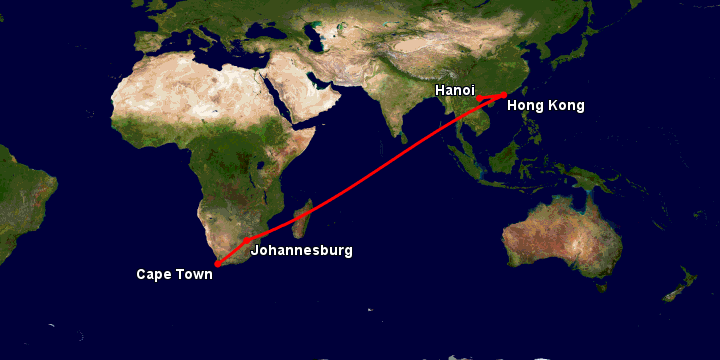 Bay từ Hà Nội đến Cape Town qua Hong Kong, Johannesburg