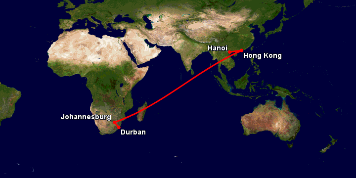 Bay từ Hà Nội đến Durban qua Hong Kong, Johannesburg