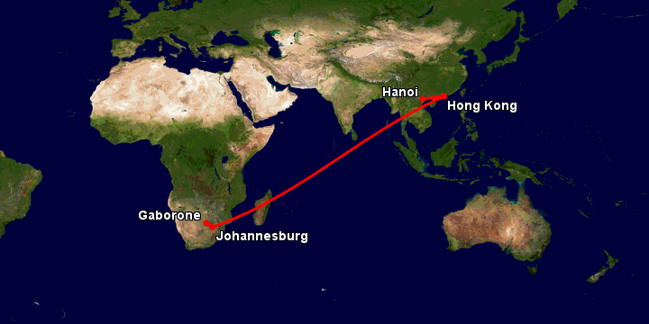 Bay từ Hà Nội đến Gaborone qua Hong Kong, Johannesburg