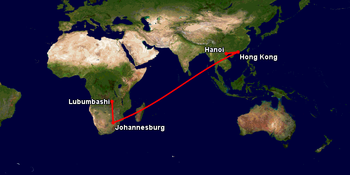 Bay từ Hà Nội đến Lubumbashi qua Hong Kong, Johannesburg