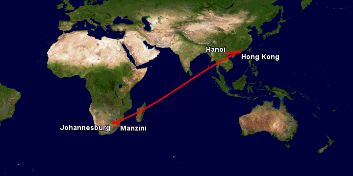 Bay từ Hà Nội đến Manzini qua Hong Kong, Johannesburg