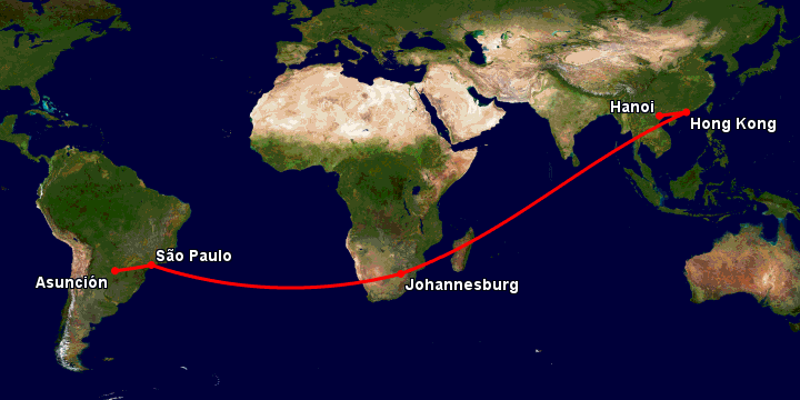 Bay từ Hà Nội đến Asuncion qua Hong Kong, Johannesburg, Sao Paulo