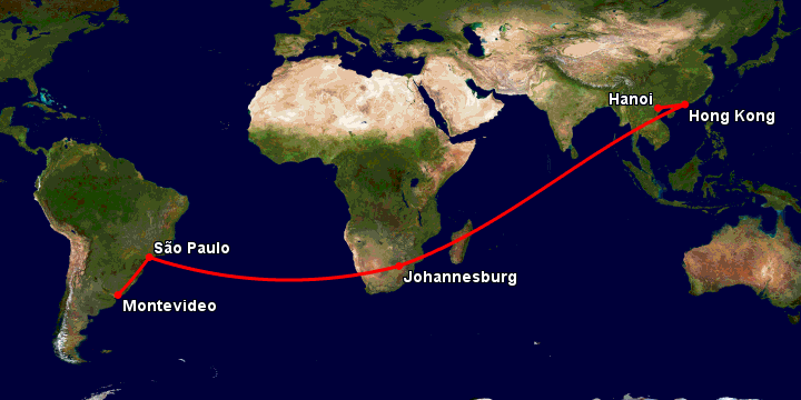 Bay từ Hà Nội đến Montevideo qua Hong Kong, Johannesburg, Sao Paulo