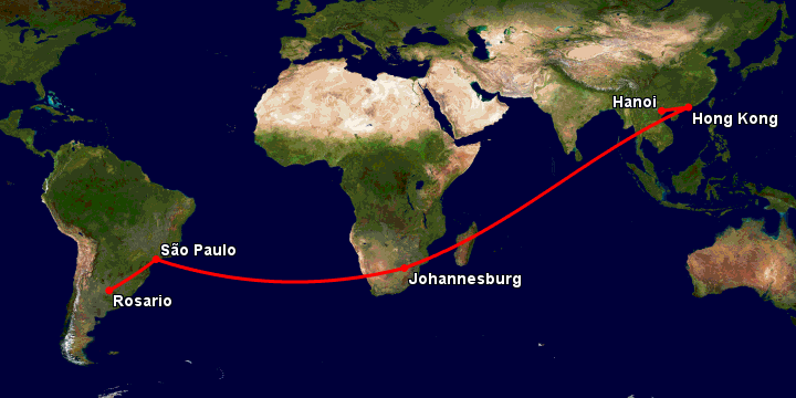 Bay từ Hà Nội đến Rosario qua Hong Kong, Johannesburg, Sao Paulo