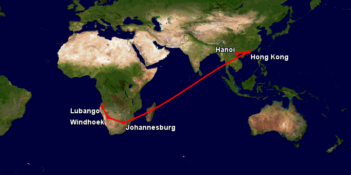 Bay từ Hà Nội đến Lubango qua Hong Kong, Johannesburg, Windhoek