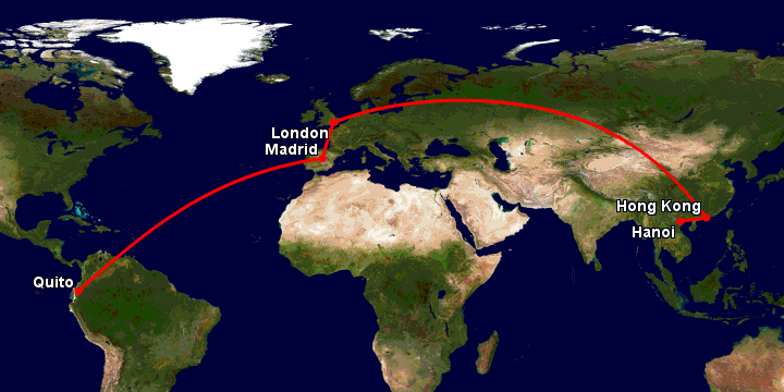 Bay từ Hà Nội đến Quito qua Hong Kong, London, Madrid