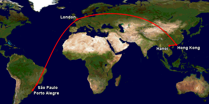 Bay từ Hà Nội đến Porto Alegre qua Hong Kong, London, Sao Paulo