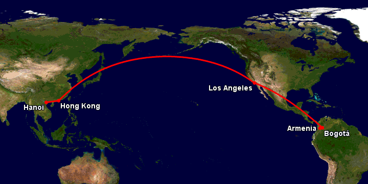 Bay từ Hà Nội đến Armenia qua Hong Kong, Los Angeles, Bogotá
