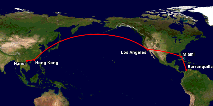Bay từ Hà Nội đến Barranquilla qua Hong Kong, Los Angeles, Miami