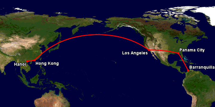 Bay từ Hà Nội đến Barranquilla qua Hong Kong, Los Angeles, Panama City