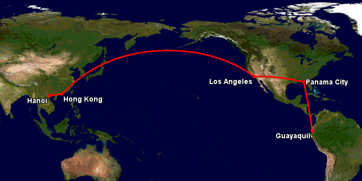 Bay từ Hà Nội đến Guayaquil qua Hong Kong, Los Angeles, Panama City