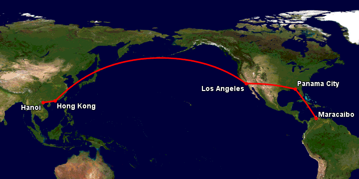Bay từ Hà Nội đến Maracaibo qua Hong Kong, Los Angeles, Panama City