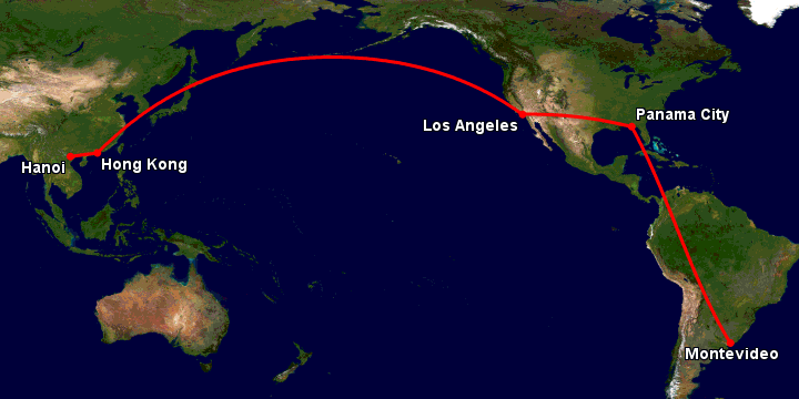 Bay từ Hà Nội đến Montevideo qua Hong Kong, Los Angeles, Panama City