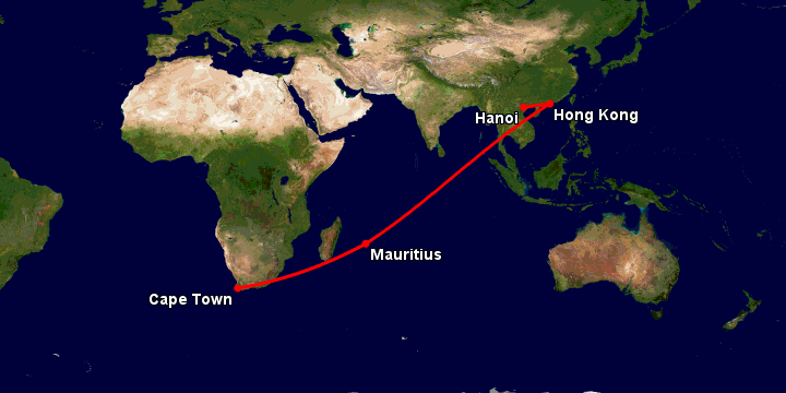 Bay từ Hà Nội đến Cape Town qua Hong Kong, Mauritius Island