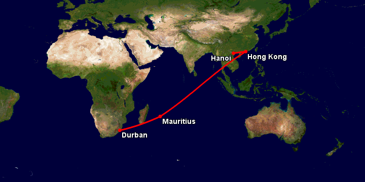 Bay từ Hà Nội đến Durban qua Hong Kong, Mauritius Island