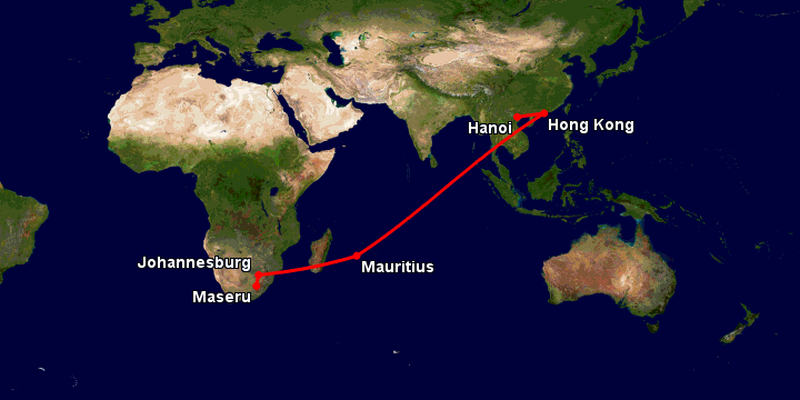 Bay từ Hà Nội đến Maseru qua Hong Kong, Mauritius Island, Johannesburg