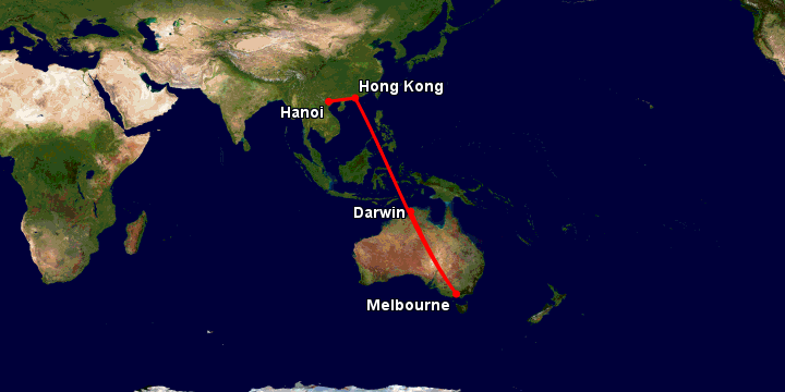 Bay từ Hà Nội đến Darwin qua Hong Kong, Melbourne