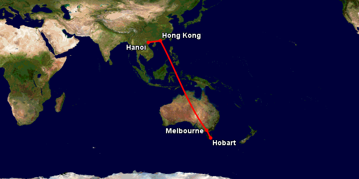 Bay từ Hà Nội đến Hobart qua Hong Kong, Melbourne