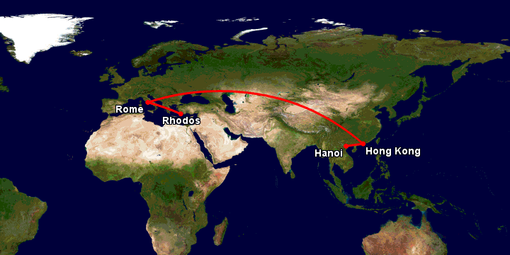 Bay từ Hà Nội đến Rhodes qua Hong Kong, Rome