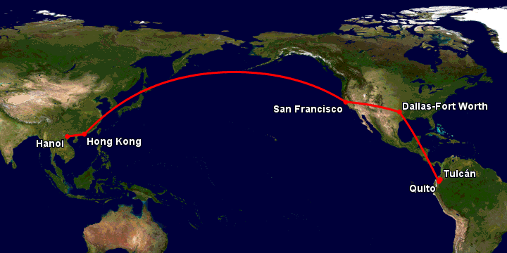 Bay từ Hà Nội đến Tulcan qua Hong Kong, San Francisco, Dallas, Quito