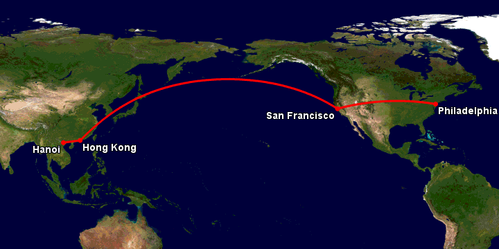 Bay từ Hà Nội đến Philadelphia qua Hong Kong, San Francisco