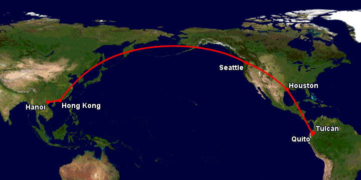 Bay từ Hà Nội đến Tulcan qua Hong Kong, Seattle, Houston, Quito
