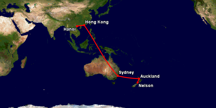 Bay từ Hà Nội đến Nelson qua Hong Kong, Sydney, Auckland