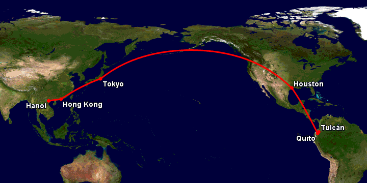Bay từ Hà Nội đến Tulcan qua Hong Kong, Tokyo, Houston, Quito