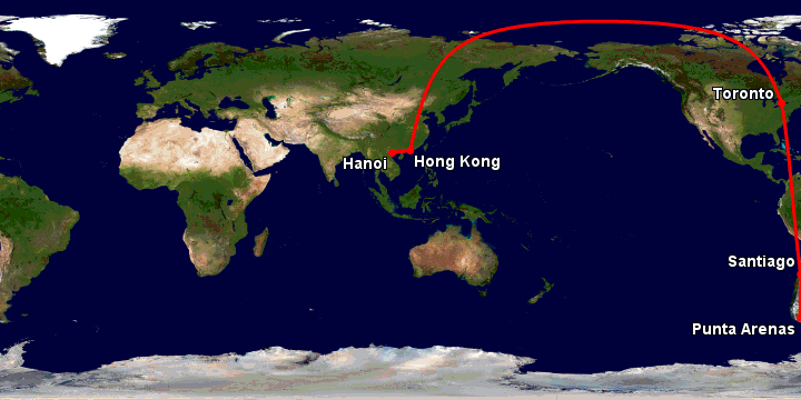 Bay từ Hà Nội đến Punta Arenas qua Hong Kong, Toronto, Santiago