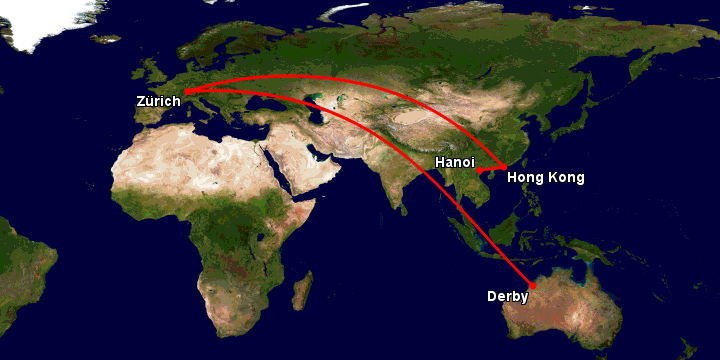Bay từ Hà Nội đến Derby qua Hong Kong, Zürich