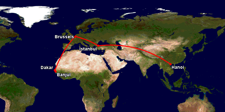 Bay từ Hà Nội đến Banjul qua Istanbul, Brussels, Dakar