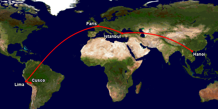 Bay từ Hà Nội đến Cuzco qua Istanbul, Paris, Lima