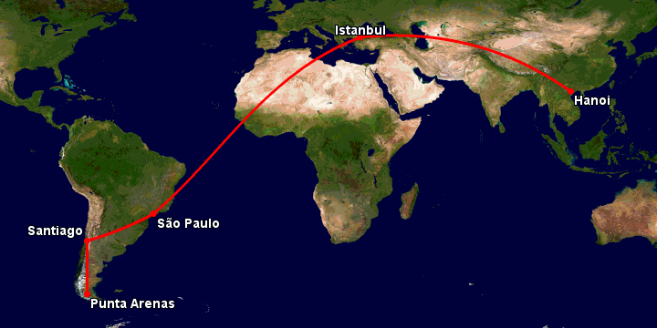 Bay từ Hà Nội đến Punta Arenas qua Istanbul, Sao Paulo, Santiago