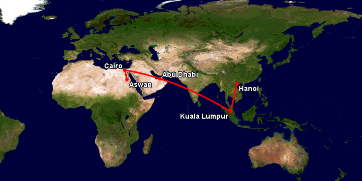 Bay từ Hà Nội đến Aswan qua Kuala Lumpur, Abu Dhabi, Cairo