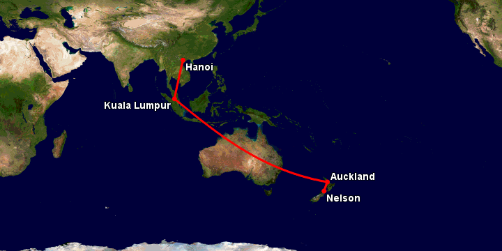 Bay từ Hà Nội đến Nelson qua Kuala Lumpur, Auckland