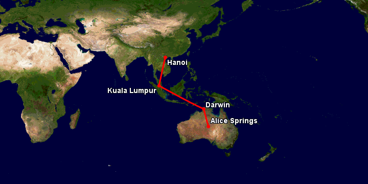 Bay từ Hà Nội đến Alice Springs qua Kuala Lumpur, Darwin