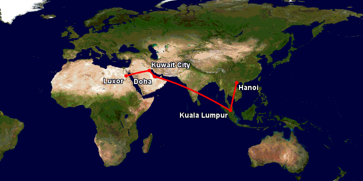 Bay từ Hà Nội đến Luxor qua Kuala Lumpur, Doha, Kuwait City