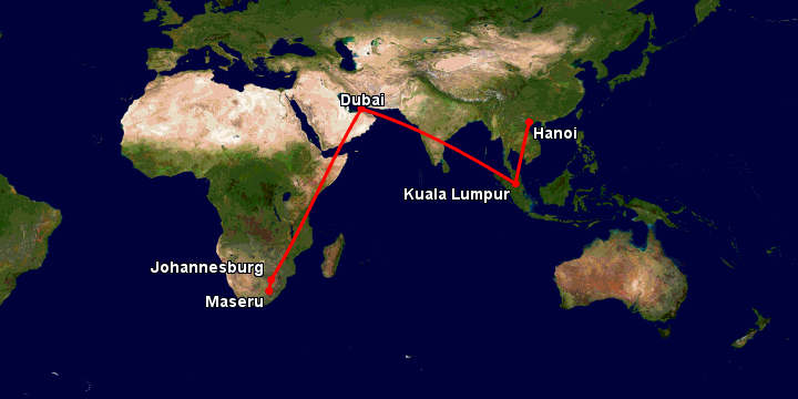 Bay từ Hà Nội đến Maseru qua Kuala Lumpur, Dubai, Johannesburg