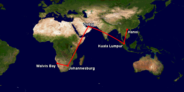 Bay từ Hà Nội đến Walvis Bay qua Kuala Lumpur, Dubai, Johannesburg