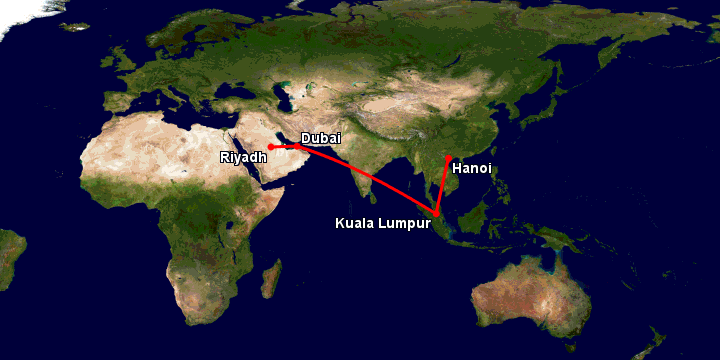 Bay từ Hà Nội đến Riyadh qua Kuala Lumpur, Dubai, Riyadh