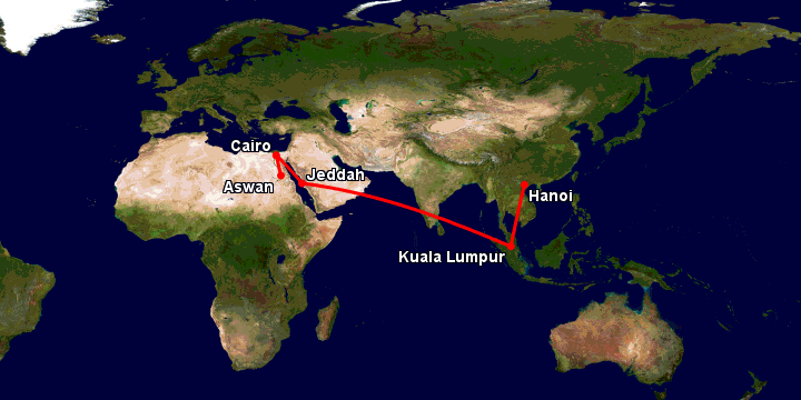 Bay từ Hà Nội đến Aswan qua Kuala Lumpur, Jeddah, Cairo