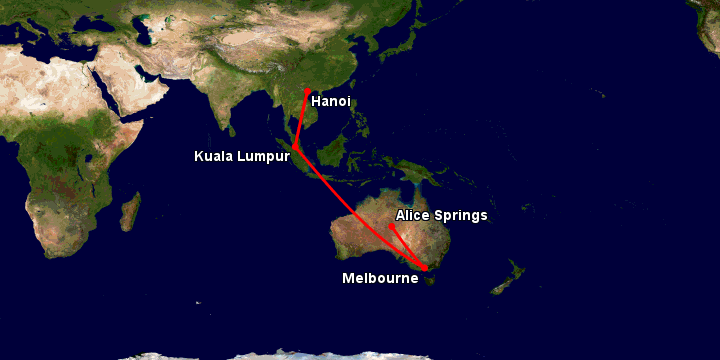 Bay từ Hà Nội đến Alice Springs qua Kuala Lumpur, Melbourne