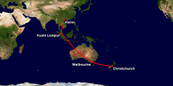 Bay từ Hà Nội đến Christchurch qua Kuala Lumpur, Melbourne