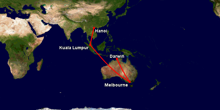 Bay từ Hà Nội đến Darwin qua Kuala Lumpur, Melbourne