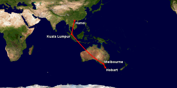 Bay từ Hà Nội đến Hobart qua Kuala Lumpur, Melbourne