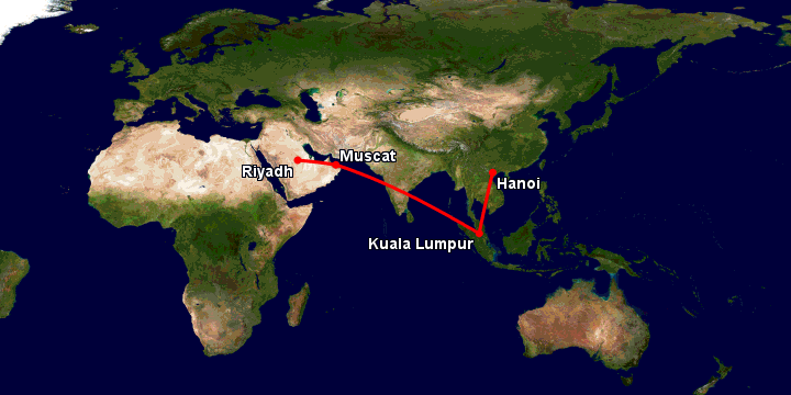 Bay từ Hà Nội đến Riyadh qua Kuala Lumpur, Muscat, Riyadh
