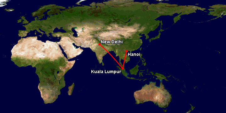 Bay từ Hà Nội đến Delhi qua Kuala Lumpur, New Delhi