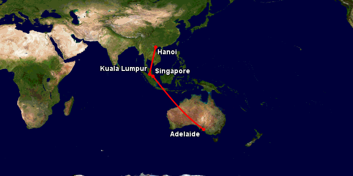 Bay từ Hà Nội đến Adelaide qua Kuala Lumpur, Singapore