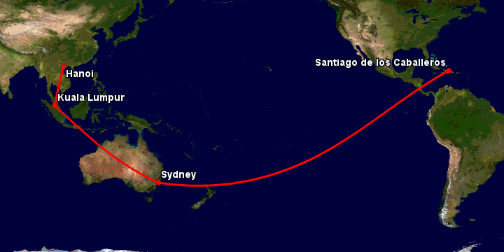 Bay từ Hà Nội đến Santiago Do qua Kuala Lumpur, Sydney